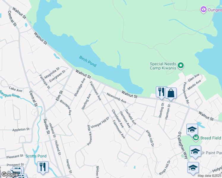 map of restaurants, bars, coffee shops, grocery stores, and more near 505 Walnut Street in Saugus
