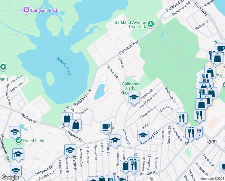 map of restaurants, bars, coffee shops, grocery stores, and more near 29 Sunnyside Road in Lynn