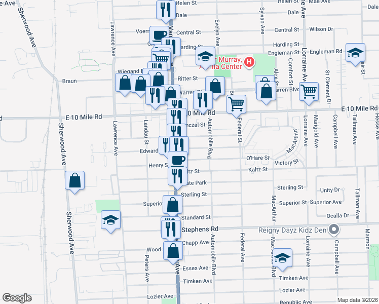 map of restaurants, bars, coffee shops, grocery stores, and more near 8015 Edward Avenue in Center Line