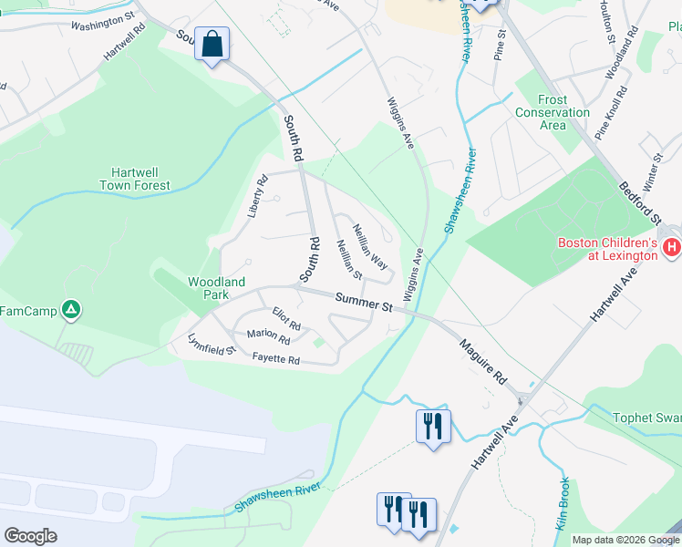 map of restaurants, bars, coffee shops, grocery stores, and more near 17 Neillian Street in Bedford