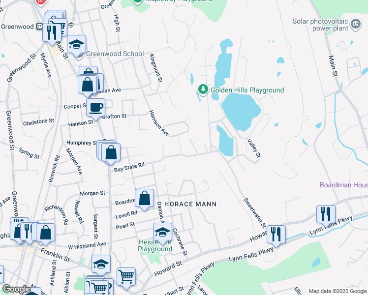 map of restaurants, bars, coffee shops, grocery stores, and more near 33 Ledge Street in Melrose