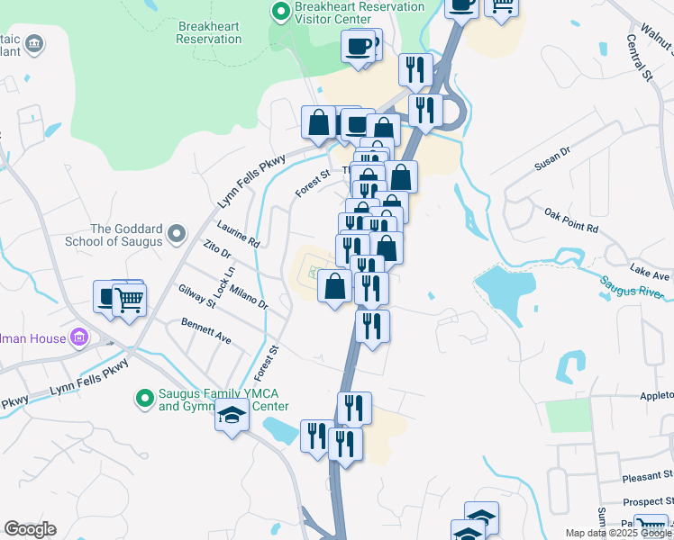 map of restaurants, bars, coffee shops, grocery stores, and more near 817 U.S. 1 in Saugus