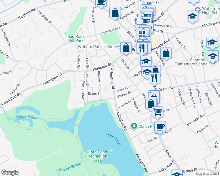 map of restaurants, bars, coffee shops, grocery stores, and more near 27 Arlington Road in Woburn