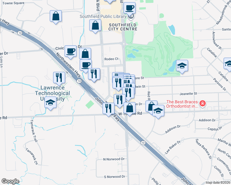 map of restaurants, bars, coffee shops, grocery stores, and more near 25598 Saint James in Southfield