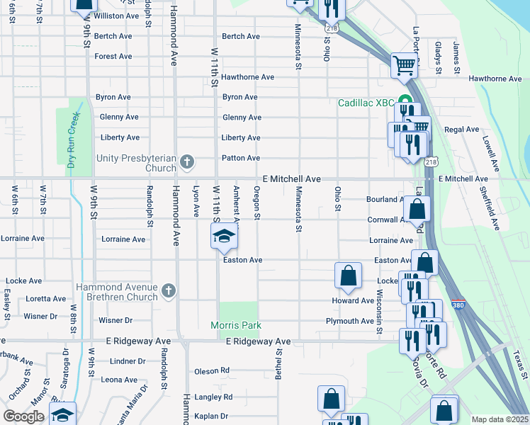 map of restaurants, bars, coffee shops, grocery stores, and more near 1039 Oregon Street in Waterloo