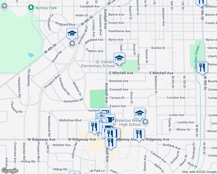 map of restaurants, bars, coffee shops, grocery stores, and more near 116 Bourland Avenue in Waterloo