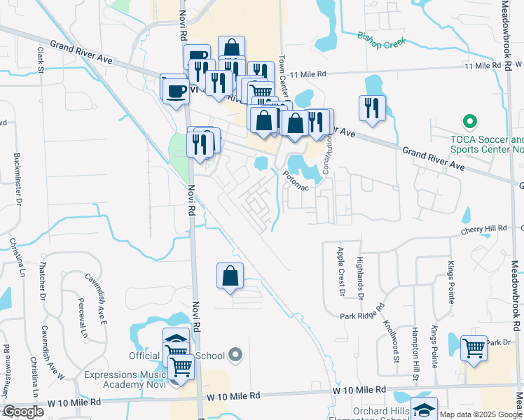 map of restaurants, bars, coffee shops, grocery stores, and more near Senate Place in Novi