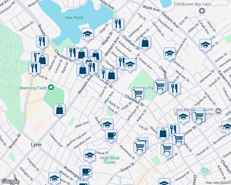 map of restaurants, bars, coffee shops, grocery stores, and more near 430 Chestnut Street in Lynn