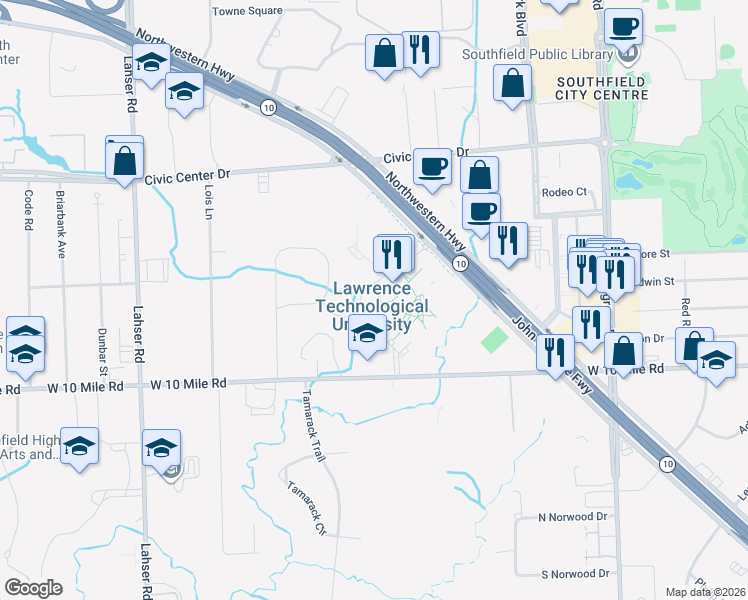 map of restaurants, bars, coffee shops, grocery stores, and more near 21000 West 10 Mile Road in Southfield