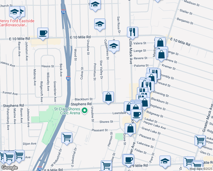 map of restaurants, bars, coffee shops, grocery stores, and more near 24508 Star Valley Drive in St. Clair Shores