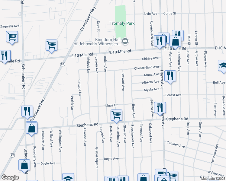map of restaurants, bars, coffee shops, grocery stores, and more near 24525 Columbus Avenue in Warren