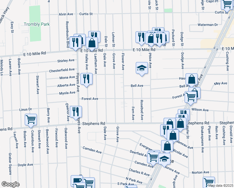 map of restaurants, bars, coffee shops, grocery stores, and more near 24555 Grove Avenue in Eastpointe