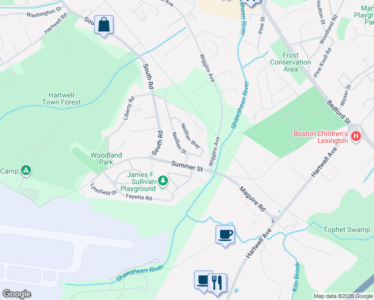 map of restaurants, bars, coffee shops, grocery stores, and more near 46 Neillian Street in Bedford