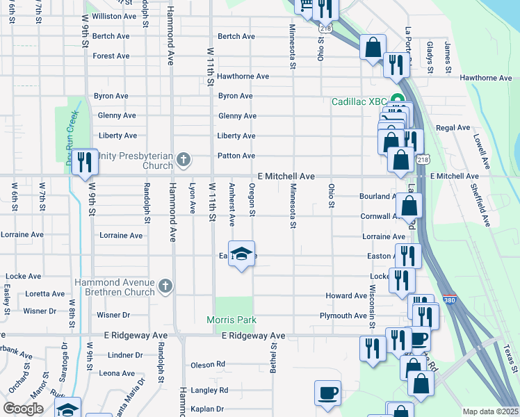 map of restaurants, bars, coffee shops, grocery stores, and more near 1039 Oregon Street in Waterloo