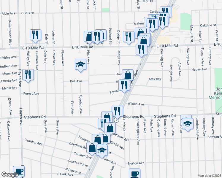 map of restaurants, bars, coffee shops, grocery stores, and more near 16130 Bell Avenue in Eastpointe
