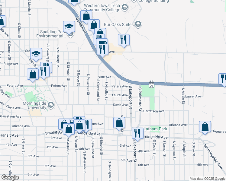 map of restaurants, bars, coffee shops, grocery stores, and more near 1546 S Hennepin St in Sioux City