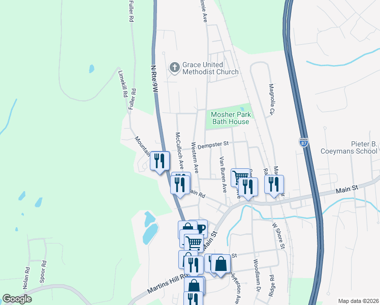 map of restaurants, bars, coffee shops, grocery stores, and more near 41 Western Avenue in Ravena