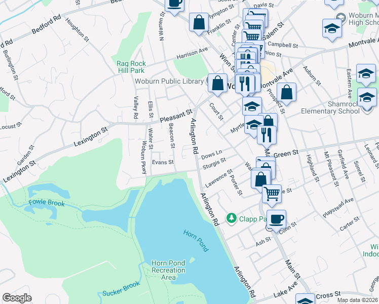 map of restaurants, bars, coffee shops, grocery stores, and more near 27 Arlington Road in Woburn