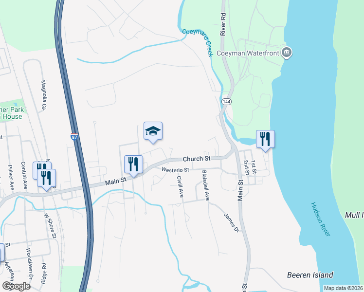 map of restaurants, bars, coffee shops, grocery stores, and more near 54 Church Street in Ravena