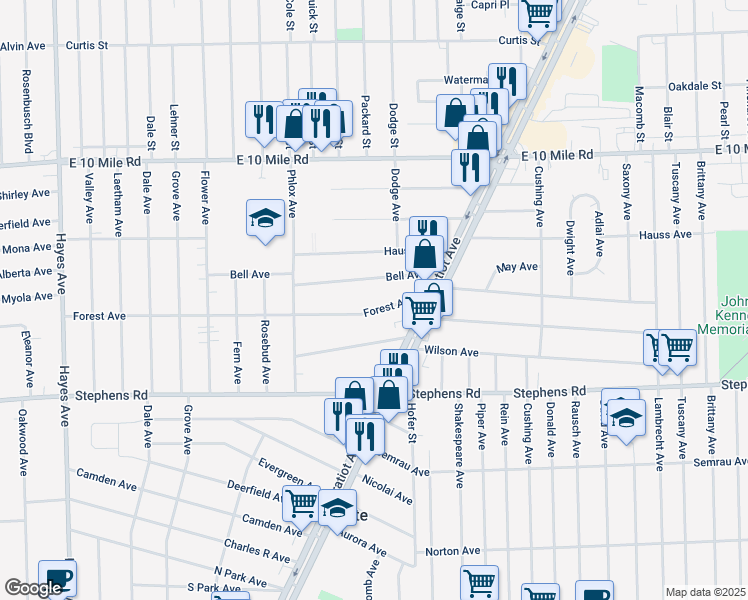 map of restaurants, bars, coffee shops, grocery stores, and more near 16181 Forest Avenue in Eastpointe