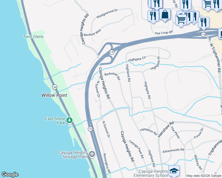 map of restaurants, bars, coffee shops, grocery stores, and more near 217 Berkshire Rd in Ithaca