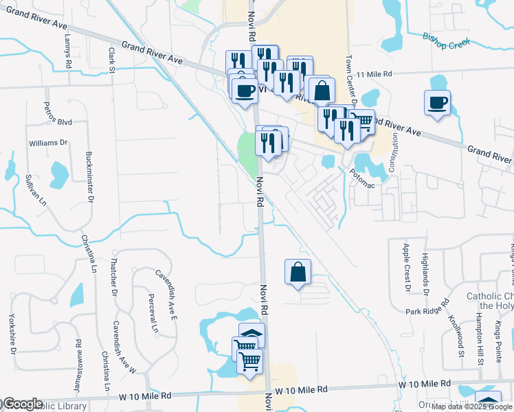 map of restaurants, bars, coffee shops, grocery stores, and more near in Novi