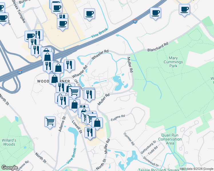 map of restaurants, bars, coffee shops, grocery stores, and more near 25 7 Springs Lane in Burlington