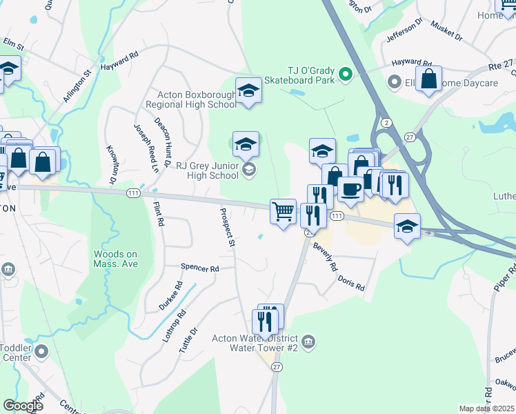 map of restaurants, bars, coffee shops, grocery stores, and more near 446 Massachusetts 111 in Acton