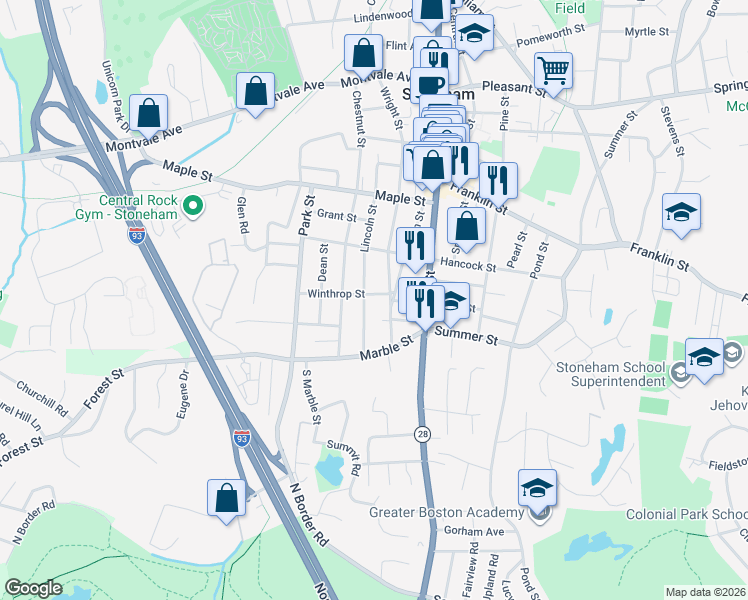 map of restaurants, bars, coffee shops, grocery stores, and more near 6 Winthrop Street in Stoneham