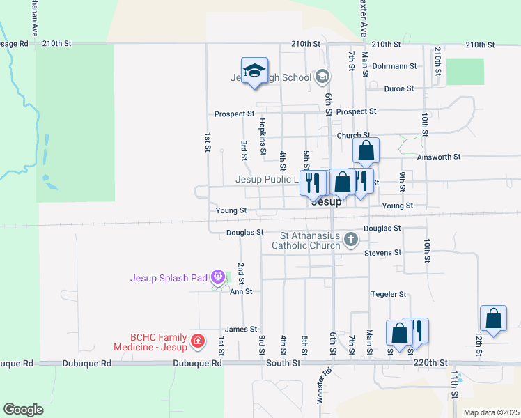 map of restaurants, bars, coffee shops, grocery stores, and more near 301 Young Street in Jesup