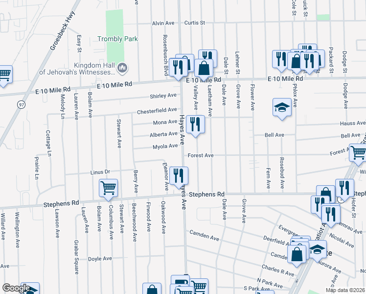 map of restaurants, bars, coffee shops, grocery stores, and more near 24556 Hayes Avenue in Eastpointe
