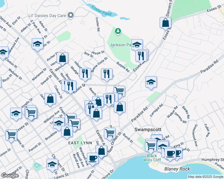 map of restaurants, bars, coffee shops, grocery stores, and more near 77 Essex Street in Swampscott