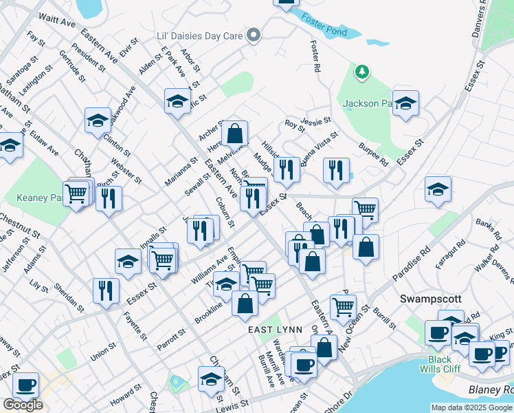 map of restaurants, bars, coffee shops, grocery stores, and more near 275 Eastern Avenue in Lynn