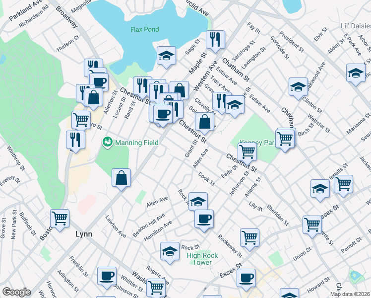 map of restaurants, bars, coffee shops, grocery stores, and more near 19 Rockingham Street in Lynn