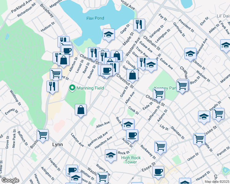 map of restaurants, bars, coffee shops, grocery stores, and more near 19 Rockingham Street in Lynn