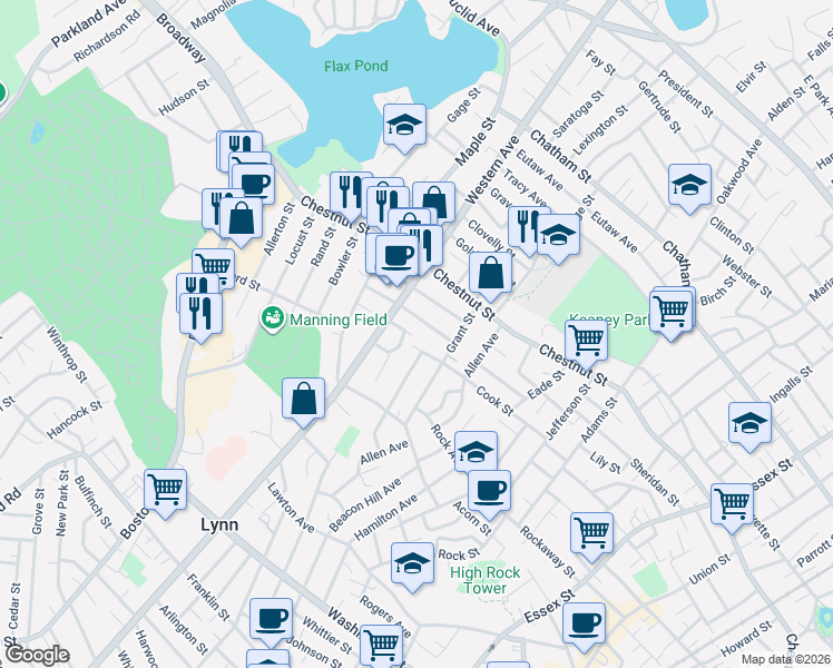 map of restaurants, bars, coffee shops, grocery stores, and more near 278 Western Avenue in Lynn