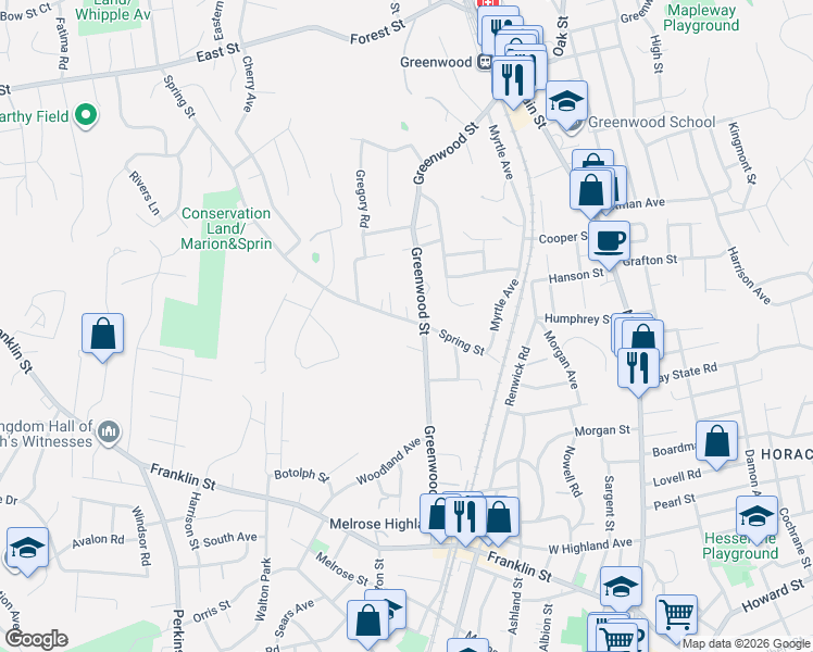 map of restaurants, bars, coffee shops, grocery stores, and more near 45 Spring Street in Wakefield