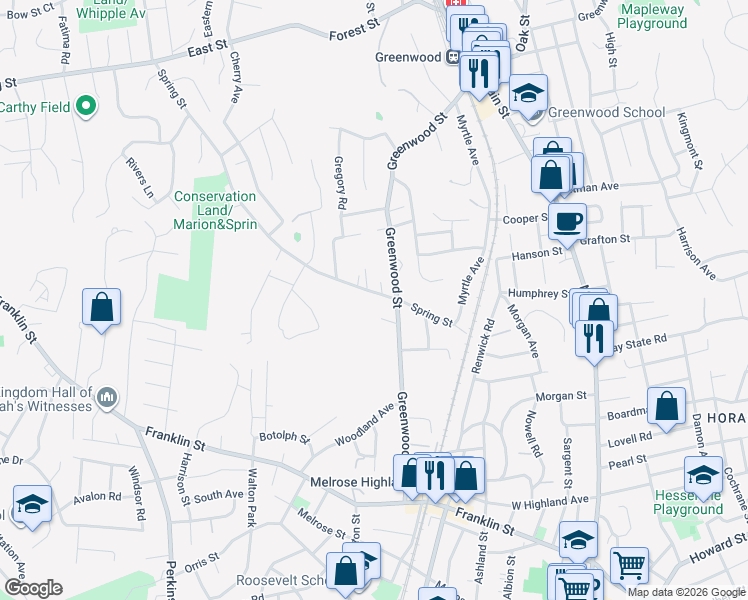 map of restaurants, bars, coffee shops, grocery stores, and more near 60 Spring Street in Wakefield
