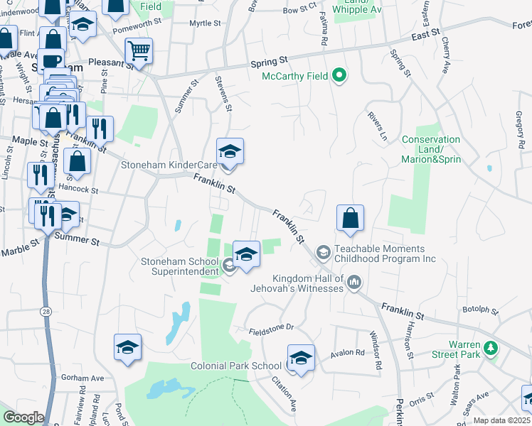 map of restaurants, bars, coffee shops, grocery stores, and more near 150 Franklin Street in Stoneham
