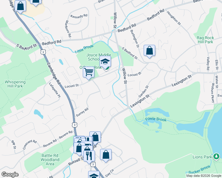 map of restaurants, bars, coffee shops, grocery stores, and more near 10 Kennedy Park in Woburn