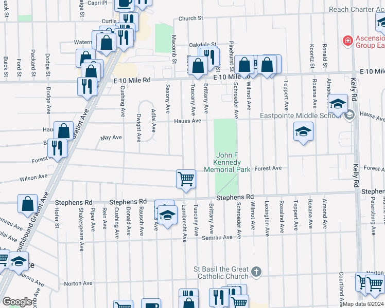 map of restaurants, bars, coffee shops, grocery stores, and more near 24591 Tuscany Avenue in Eastpointe