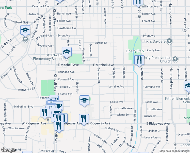map of restaurants, bars, coffee shops, grocery stores, and more near 1700 Baltimore Street in Waterloo