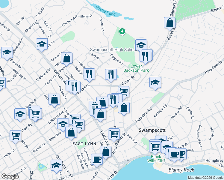 map of restaurants, bars, coffee shops, grocery stores, and more near 8 Essex Avenue in Swampscott