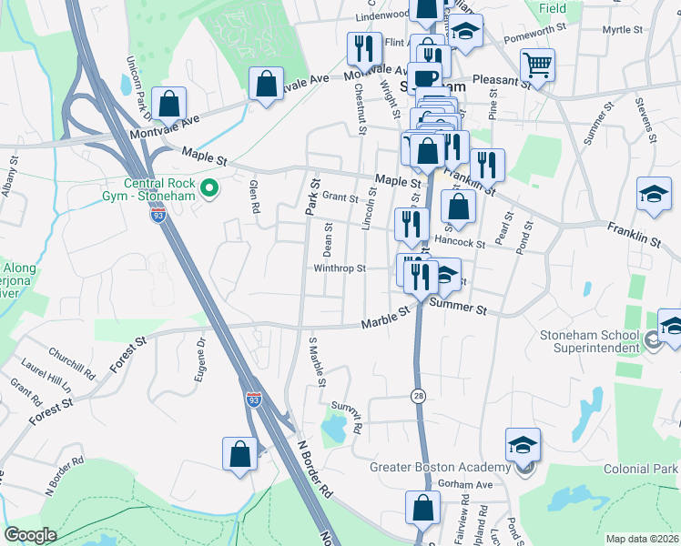 map of restaurants, bars, coffee shops, grocery stores, and more near 15 Winthrop Street in Stoneham