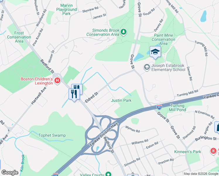 map of restaurants, bars, coffee shops, grocery stores, and more near 45 Eldred Street in Lexington