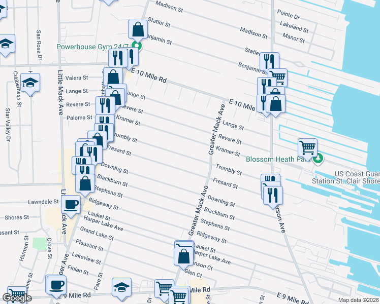 map of restaurants, bars, coffee shops, grocery stores, and more near 22020 Kramer Street in St. Clair Shores