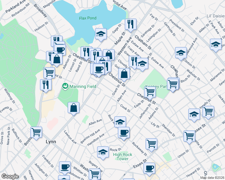 map of restaurants, bars, coffee shops, grocery stores, and more near 19 Rockingham Street in Lynn