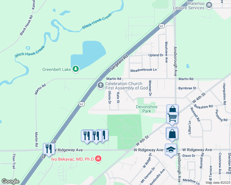 map of restaurants, bars, coffee shops, grocery stores, and more near 2518 Kate Street in Waterloo