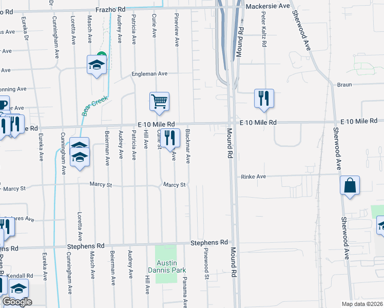 map of restaurants, bars, coffee shops, grocery stores, and more near 24808 Blackmar Avenue in Warren