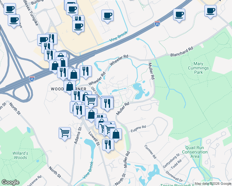 map of restaurants, bars, coffee shops, grocery stores, and more near 1 7 Springs Lane in Burlington